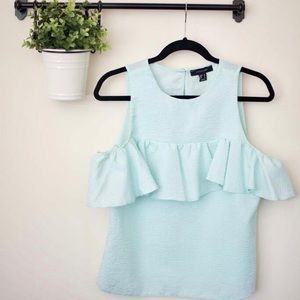 Mint Seersucker Cold Shoulder Top